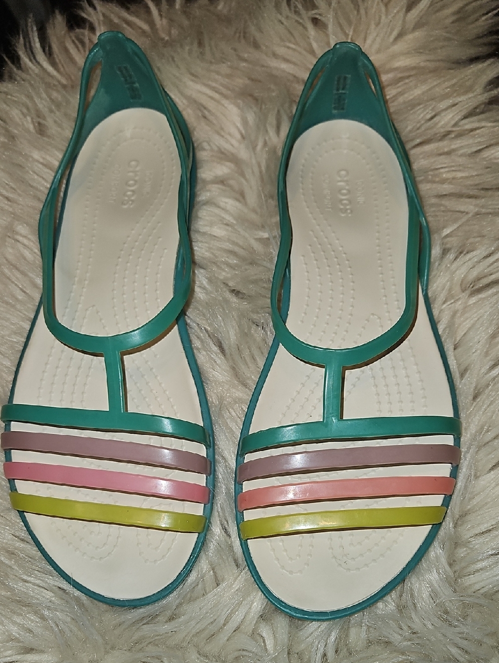 CROCS Teal Jelly Sandals with Pastel Stripe Accents